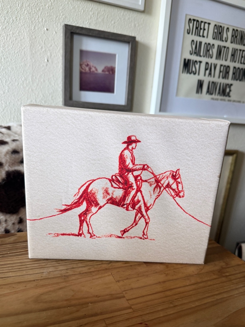New Red illustrated Cowboy on Horse Wall Art Canvas 8x10” western decor